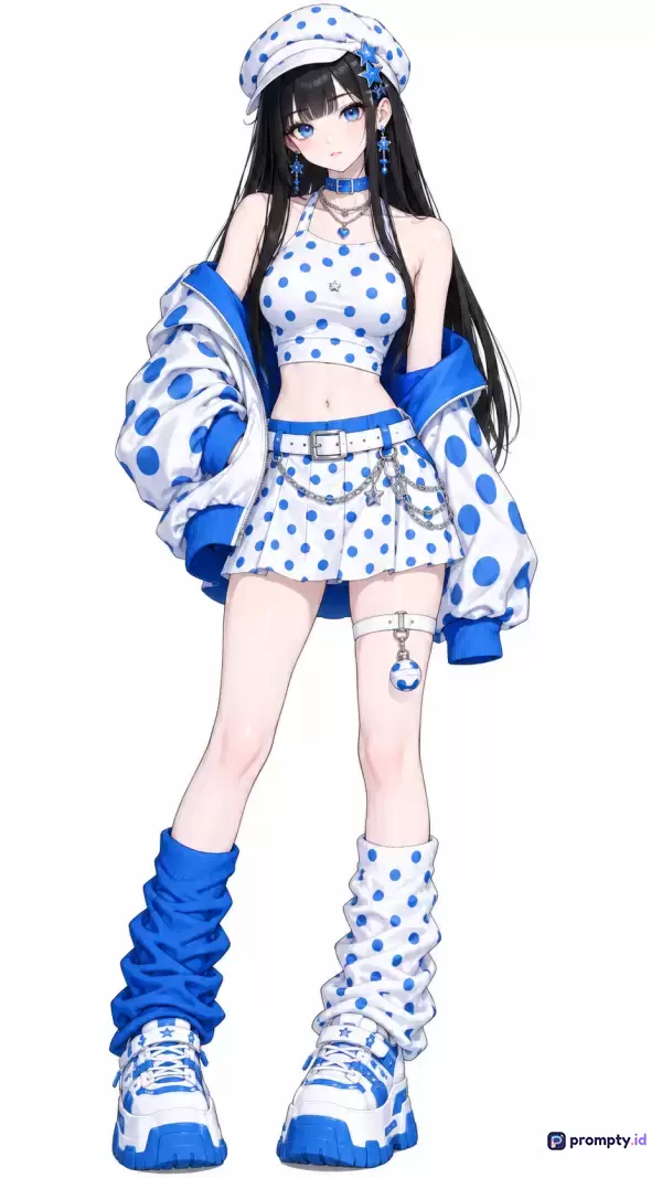 Gambar bergaya ilustrasi anime digital ini menampilkan seorang gadis berambut hitam panjang dengan mata biru yang mengenakan pakaian modis bertema polkadot dan jaket longgar berwarna biru dan putih, dilengkapi dengan kata kunci anime, gadis, polkadot, fashion, biru, putih serta tiga warna dominan yaitu biru tua, biru muda, dan putih.