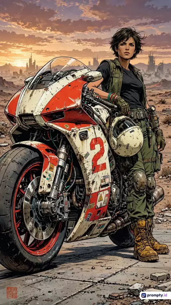 Gambar ilustrasi digital bergaya komik retro-futuristik ini menampilkan konten seorang wanita tangguh berambut pendek mengenakan pakaian taktis lengkap yang sedang berdiri bersandar pada sepeda motor sport usang bernomor dua di latar belakang lanskap gurun pasca-apokaliptik saat senja, dengan kata kunci utama wanita, motor, gurun, fiksi ilmiah, pasca-apokaliptik, dan aksi, serta didominasi oleh tiga warna utama yaitu oranye, hijau zaitun, dan putih.