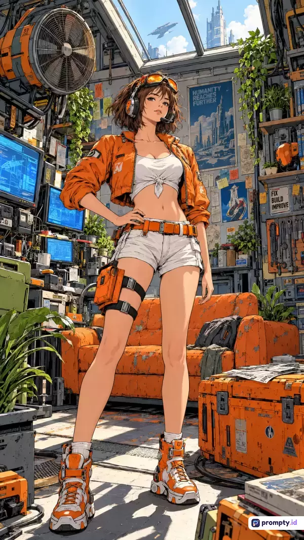 Gambar bergaya ilustrasi anime fiksi ilmiah ini menampilkan karakter mekanik wanita berambut pendek yang mengenakan jaket oranye, crop top putih, dan celana pendek, berdiri di dalam bengkel futuristik yang dipenuhi layar komputer, kipas angin besar, sofa oranye, serta tanaman hijau, dengan tiga warna dominan yaitu oranye, putih, dan biru, serta kata kunci: anime, sci-fi, mekanik, futuristik, wanita, dan bengkel.