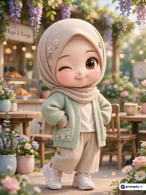 Gambar bergaya 3D chibi yang menggemaskan ini menampilkan karakter anak perempuan berhijab krem dengan sulaman bunga, mengenakan kardigan hijau sage, celana krem, dan sepatu kets, berpose genit di depan kafe luar ruangan yang asri, dengan kata kunci hijab, anak perempuan, chibi, kafe, bunga, dan estetika, serta didominasi oleh warna krem, hijau sage, dan ungu muda.