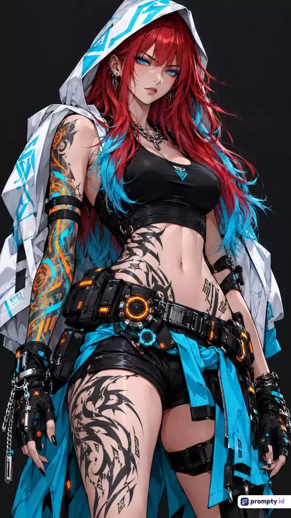 Gambar berformat digital art bergaya anime ini menampilkan karakter wanita cyberpunk berambut merah dan biru dengan tato rumit, mengenakan jaket putih berkerudung, crop top hitam, dan ikat pinggang taktis dengan kata kunci wanita, cyberpunk, anime, tato, futuristik, aksi, fiksi ilmiah, sementara warna dominannya adalah hitam, putih, dan biru.