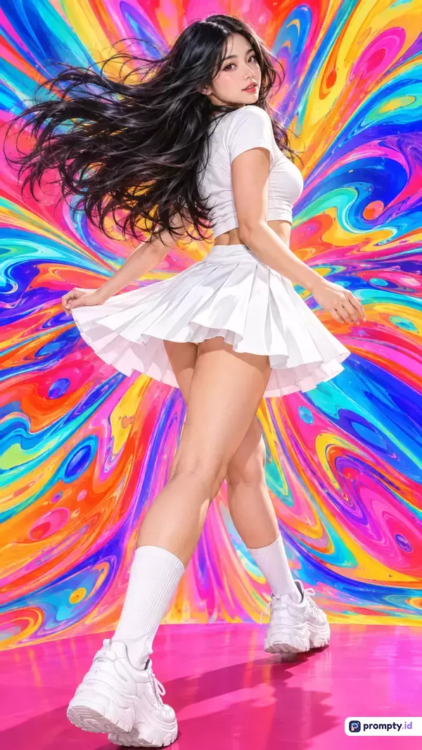 Gambar digital bergaya potret pop-art modern ini menampilkan seorang wanita berambut hitam panjang dengan pakaian serba putih yang kontras di depan latar belakang psikedelik abstrak bernuansa warna merah, kuning, dan biru, dengan kata kunci wanita, putih, psikedelik, rambut hitam, dan seni digital.