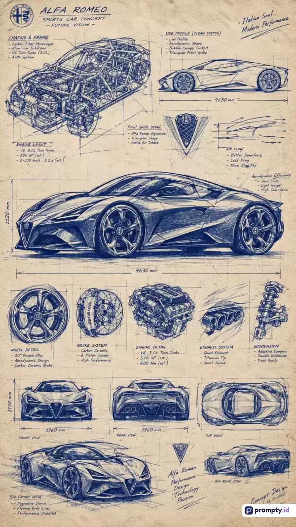 Gambar teknik bergaya cetak biru sketsa tangan klasik berwarna biru tua di atas kertas usang ini menampilkan desain konseptual mobil sport Alfa Romeo lengkap dengan berbagai sudut pandang detail komponen seperti mesin, sasis, dan suspensi, serta didominasi oleh warna krem antik, biru tua, dan coklat muda dengan kata kunci: Alfa Romeo, mobil sport, konsep, cetak biru, sketsa, teknik, desain otomotif.
