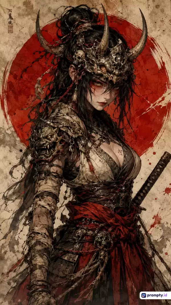 Gambar bergaya seni ilustrasi digital fantasi gelap ini menampilkan seorang wanita pejuang samurai berambut hitam dengan hiasan kepala bertanduk dan baju zirah berdarah, berlatar belakang lingkaran merah matahari terbit bergaya kaligrafi Jepang tradisional dengan dominasi warna merah darah, hitam arang, dan krem pudar, serta memiliki kata kunci kesatria oni, prajurit wanita, pedang katana, seni surealis, dan estetika horor oriental.