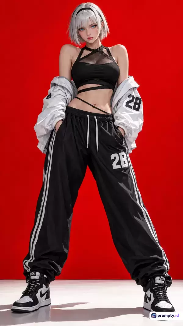 Gambar bergaya ilustrasi digital modern beresolusi tinggi ini menampilkan seorang wanita berambut pendek putih dengan gaya pakaian streetwear kasual yang trendi, mengenakan crop top hitam, jaket putih bertuliskan 2B, celana training hitam bergaris, dan sepatu kets, dengan dominasi palet warna merah, hitam, dan putih, serta kata kunci fesyen jalanan, karakter anime realistis, gaya urban, estetika futuristik, dan potret penuh gaya.