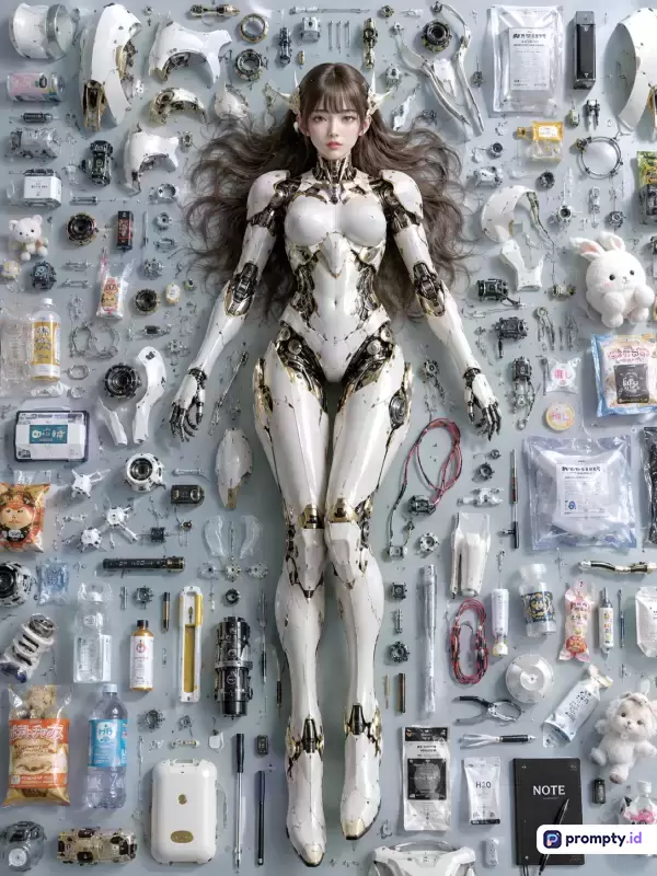Gambar bergaya seni digital futuristik *knolling* ini menampilkan sesosok wanita sibernetik dengan bodi putih metalik di tengah hamparan komponen mesin, perkakas, dan boneka kecil, dengan kata kunci robot wanita, fiksi ilmiah, pembongkaran, teknologi, dan estetika, serta didominasi oleh warna putih, abu-abu, dan emas.