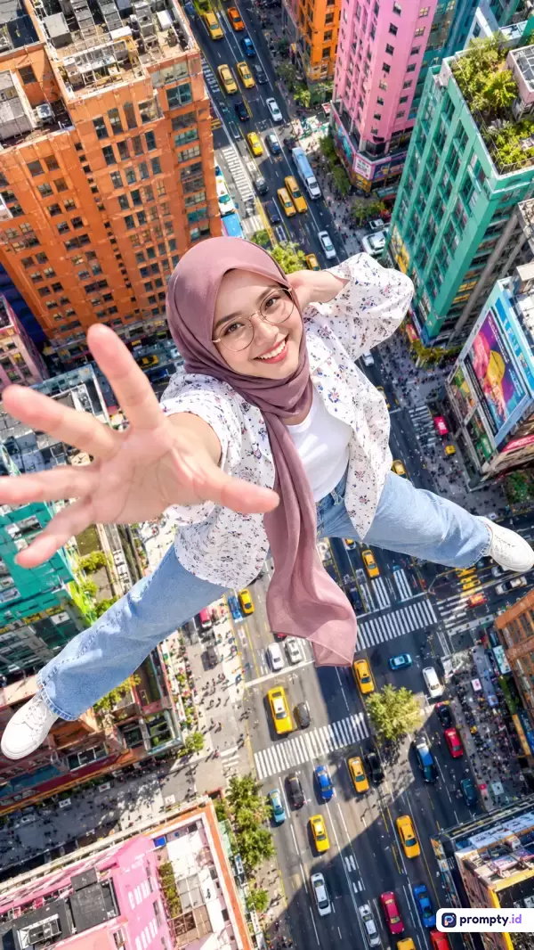 Foto bergaya sudut tinggi (high-angle) ini menampilkan seorang wanita berhijab merah muda dan berkacamata yang tampak berpose seolah sedang melayang di atas pemandangan jalanan kota metropolitan yang padat, dengan kata kunci perkotaan, wanita, hijab, jalan raya, gedung pencakar langit, dan petualangan, serta didominasi oleh warna oranye, merah muda, dan hijau toska.