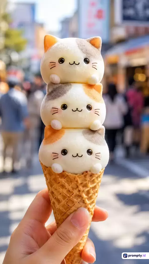 Gambar bergaya fotografi makro yang realistis ini menampilkan konten es krim unik berbentuk tiga kepala kucing tiga warna (calico) bertumpuk dalam kerucut wafer, dengan kata kunci kuliner lucu, pencuci mulut kawaii, es krim kucing, dan street food, serta didominasi oleh warna putih krem, cokelat keemasan, dan hitam.