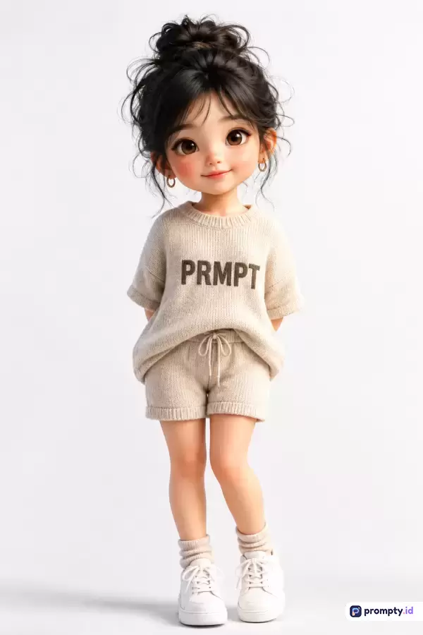 Gambar digital ini menampilkan gaya ilustrasi 3D yang imut dengan konten seorang gadis kecil berambut hitam berantakan dalam sanggul, mengenakan setelan rajut krem bertuliskan PRMPT, dan tiga warna dominannya adalah krem, putih, serta hitam, dengan kata kunci: anak perempuan, ilustrasi 3D, rambut sanggul, rajut, busana kasual, gaya chibi, estetika modern, desain karakter.