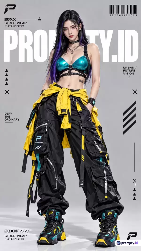 Gambar bergaya digital art futuristik ini menampilkan seorang model wanita berambut hitam dengan highlight ungu, mengenakan crop top metalik toska, celana kargo hitam, dan jaket kuning dengan dominasi warna hitam, kuning, dan toska, serta mengandung kata kunci fashion jalanan, streetwear, cyber, sci-fi, dan urban.