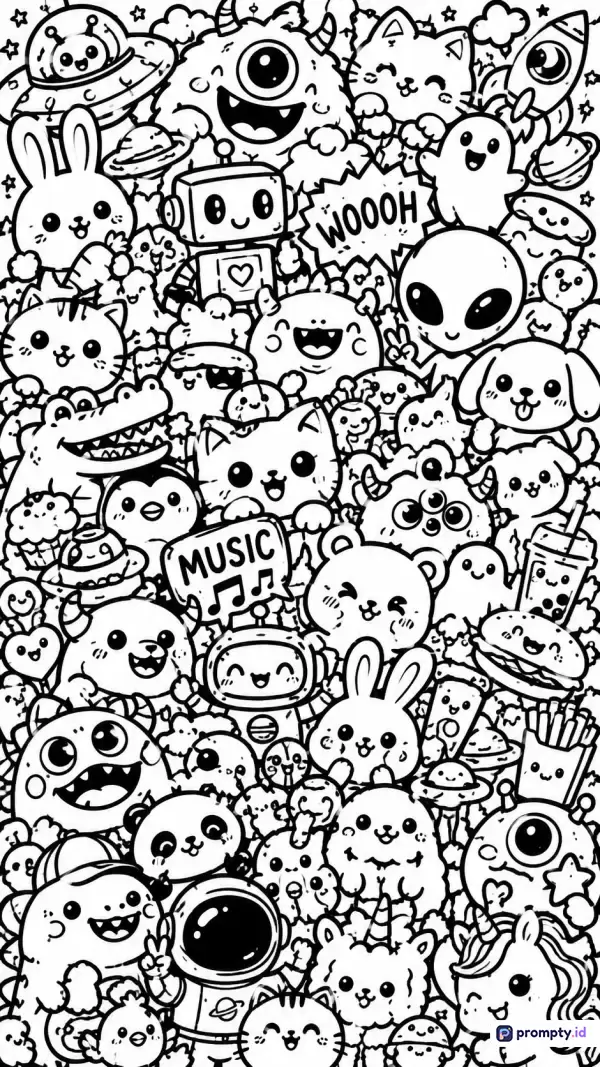 Gambar ini menampilkan gaya seni doodle hitam putih yang padat dengan berbagai karakter lucu seperti monster bermata satu, hewan-hewan imut, UFO, dan robot, yang menggunakan kata kunci doodle, kartun, dan imut, dengan palet warna dominan putih, hitam, dan abu-abu.
