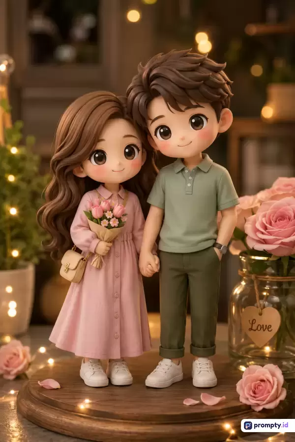Gambar bergaya figurin 3D chibi ini menampilkan sepasang kekasih berpegangan tangan dengan latar belakang hangat, didominasi warna cokelat, hijau sage, dan merah muda, serta memuat kata kunci romantis, boneka, bunga mawar, pasangan, dan estetika hangat.