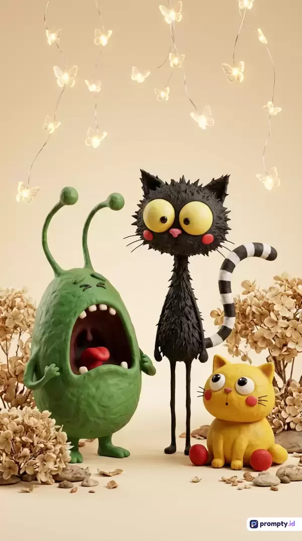 Gambar bergaya tanah liat (*claymation*) ini menampilkan konten tiga karakter unik—makhluk hijau bermulut besar, kucing hitam bermata besar dengan ekor belang, dan kucing kuning kecil—diapit oleh dekorasi bunga kering dan lampu hias kupu-kupu gantung, dengan kata kunci: seni plastisin, animasi stop-motion, karakter aneh, dekorasi peri, dan tiga warna dominan yaitu hijau, hitam, dan kuning krem.
