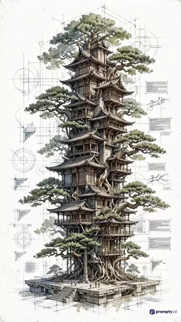 Gambar bergaya ilustrasi arsitektural-fantasi ini menampilkan konten pagoda bertingkat yang menyatu dengan pohon raksasa, dengan warna dominan putih, cokelat kayu, dan hijau zaitun, serta kata kunci arsitektur, pohon bonsai, pagoda tradisional, cetak biru, dan fantasi.