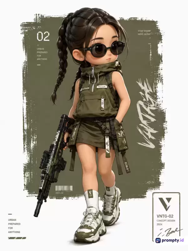 Gambar ini berformat digital 3D dengan gaya seni Chibi semi-realistis yang menampilkan karakter perempuan muda bergaya militer perkotaan mengenakan pakaian taktis hijau zaitun, kacamata hitam, dan membawa senapan serbu, lengkap dengan elemen desain konsep grafis modern, latar belakang artistik bernuansa grunge, serta tiga warna dominan yaitu hijau zaitun, hitam, dan putih.