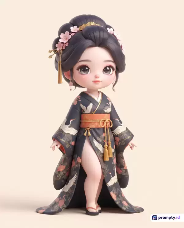 Gambar bergaya 3D *chibi* ini menampilkan karakter wanita berambut hitam bergelung dengan hiasan bunga sakura yang mengenakan kimono hitam bermotif burung bangau dan bunga, dengan kata kunci geisha, animasi, boneka, dan budaya Jepang, serta didominasi oleh warna hitam, merah muda, dan krem.