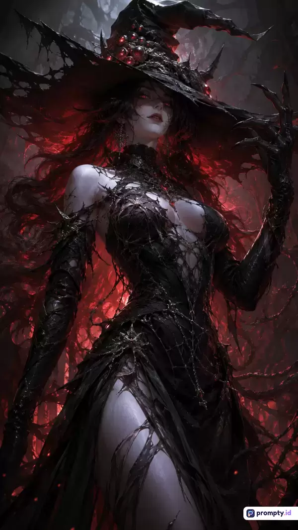 Gambar bergaya seni digital fantasi gelap ini menampilkan konten penyihir wanita gothic berambut hitam dengan gaun jaring laba-laba dan topi runcing, yang dikemas dengan kata kunci penyihir, gothic, fantasi gelap, sihir, dan wanita misterius, didominasi oleh palet warna hitam, merah darah, dan abu-abu pucat.