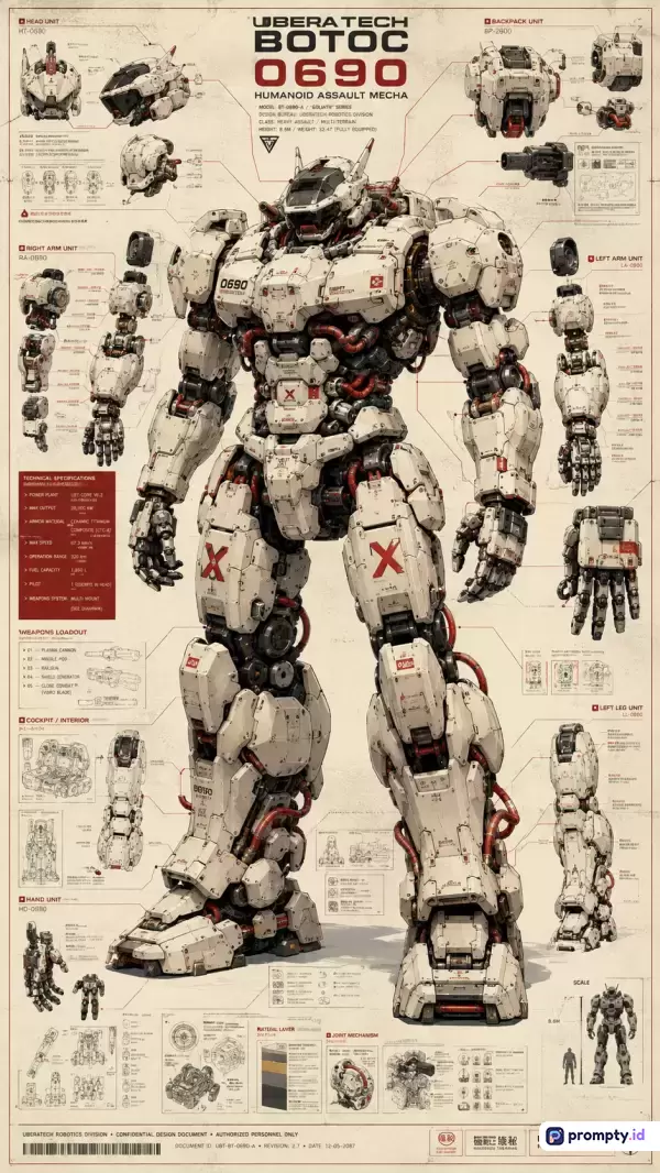 Gambar bergaya cetak biru skematik futuristik ini menampilkan robot humanoid putih BOTOC 0690 dengan detail mekanis, diagram komponen, teks teknis, serta tiga warna dominan yaitu putih, abu-abu tua, dan merah.