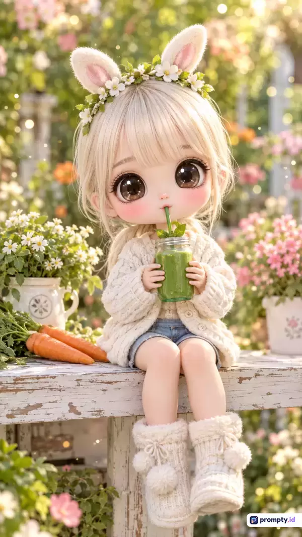 Gambar digital bergaya chibi 3D yang sangat imut ini menampilkan seorang gadis berambut pirang bermata besar mengenakan bando kelinci dan sweater putih rajut yang sedang duduk di bangku kayu sambil menikmati jus hijau di tengah taman bunga musim semi yang cerah, dengan kata kunci utama gadis chibi, kelinci, taman bunga, jus hijau, gaya 3D, serta didominasi oleh tiga warna utama yaitu hijau, putih, dan cokelat muda.
