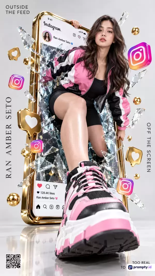 Gambar bergaya surealis modern dengan konten wanita Asia berbusana streetwear pink-hitam yang keluar dari layar ponsel emas pecah, menggunakan kata kunci Instagram, mode, surealis, keluar layar, Ran Amber Seto, palet warna dominan putih, merah muda, dan hitam, serta tiga warna dominan yaitu putih, merah muda, dan hitam.