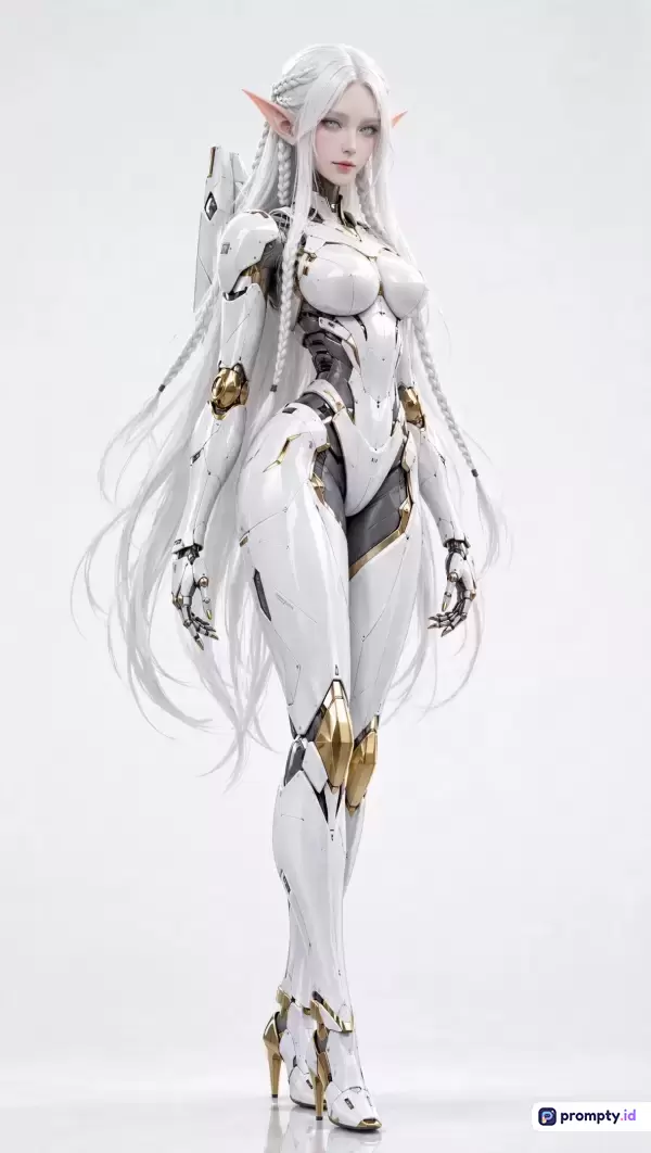 Gambar bergaya seni digital fiksi ilmiah ini menampilkan konten sesosok cyborg elf berambut putih panjang dengan balutan baju zirah futuristik, serta menggunakan kata kunci seperti robot, sci-fi, elf, futuristik, dan cyborg, didominasi oleh warna putih, abu-abu gelap, dan emas.