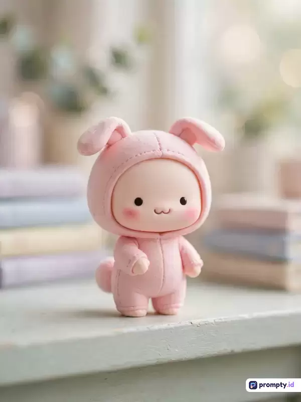 Gambar bergaya fotografi produk kasual ini menampilkan konten utama berupa figur boneka vinil atau mainan desainer chibi berwajah imut yang mengenakan Onesie kelinci berwarna merah muda, dikelilingi latar belakang tumpukan buku dan tanaman blur dengan dominasi warna merah muda, krem, dan abu-abu muda, serta kata kunci: boneka imut, mainan desainer, chibi, kostum kelinci, estetika pastel.