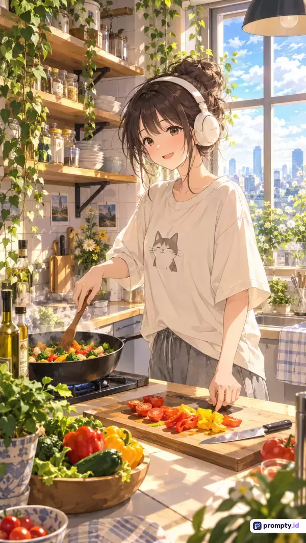 Gambar ilustrasi anime gaya digital ini menampilkan seorang gadis berambut cokelat dengan headphone yang sedang memasak di dapur cerah berlatar kota dengan palet warna dominan cokelat kayu, hijau daun, dan putih krem, serta memiliki kata kunci memasak, dapur, anime, gadis, dan santai.