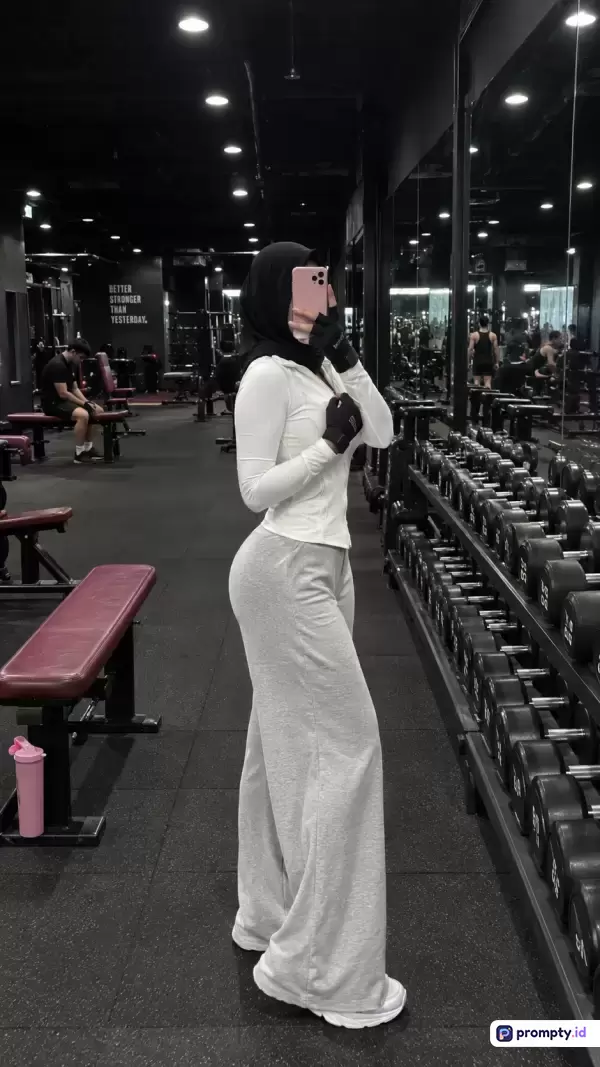 Gambar bergaya fotografi modern dengan palet monokromatik ini menampilkan seorang wanita berhijab mengenakan jaket putih dan celana abu-abu sedang berpose di depan cermin pusat kebugaran yang dipenuhi deretan dumbbell hitam, dengan tiga warna dominan yaitu hitam, putih, dan abu-abu.