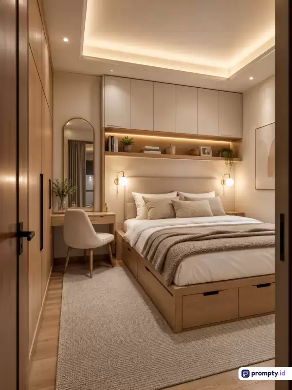 Gambar bergaya modern minimalis ini menampilkan konten desain interior kamar tidur kecil yang fungsional dengan penggunaan warna dominan krem, cokelat kayu, dan putih, serta memiliki kata kunci desain interior, kamar tidur minimalis, ruang sempit, pencahayaan hangat, dan perabot multifungsi.