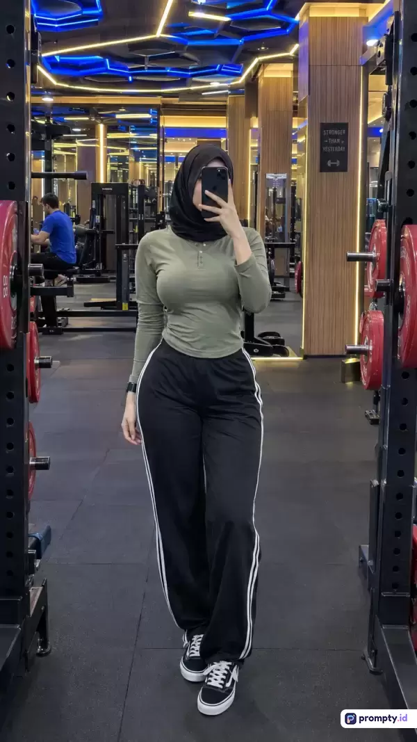 Gambar bergaya swafoto cermin ini menampilkan seorang wanita berhijab di pusat kebugaran modern dengan konten yang memadukan gaya hidup sehat dan fashion muslimah, menggunakan kata kunci wanita berhijab, gym, fitness, cermin, dan olahraga, dengan dominasi palet warna hitam, hijau zaitun, dan biru neon.