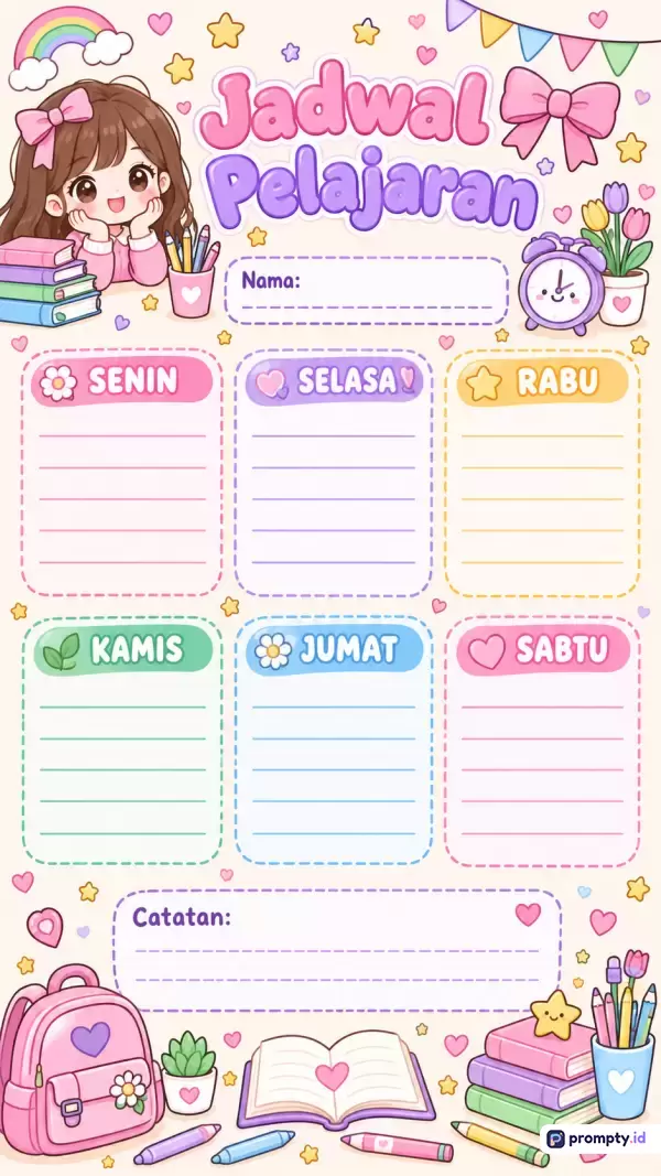 Gambar bergaya ilustrasi kartun kawaii ini menampilkan konten template jadwal pelajaran sekolah yang berwarna-warni ceria dengan kata kunci estetis, anak perempuan, sekolah, dan catatan, didominasi oleh warna merah muda (pink), ungu, dan kuning dengan tiga warna dominan tersebut.