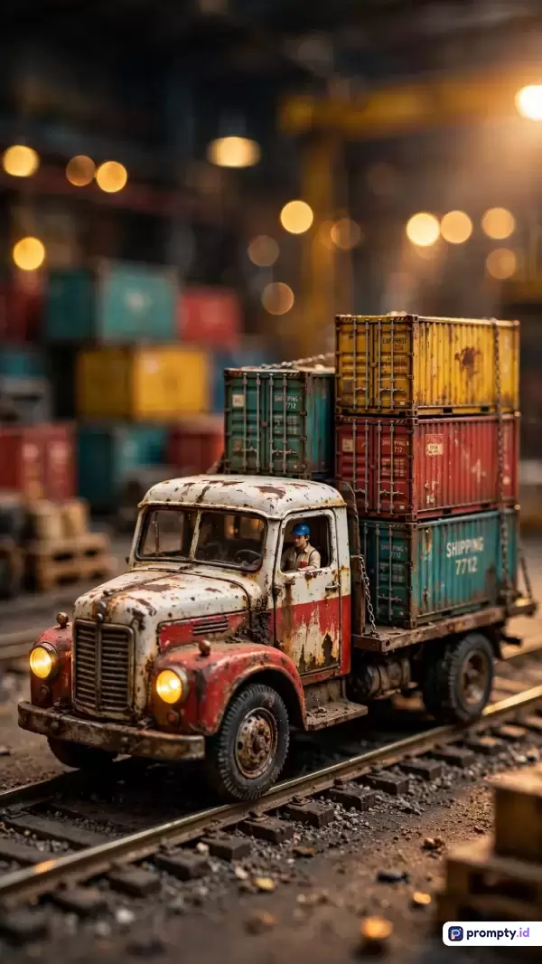 Gambar bergaya fotografi miniatur makro sinematik ini menampilkan sebuah truk tua berkarat yang mengangkut kontainer warna-warni di atas rel kereta dengan latar gudang bernuansa industri, menggunakan palet warna dominan kuning, merah karat, dan biru tua, serta kata kunci truk miniatur, karatan, kontainer, pelabuhan, industri, dan makro.