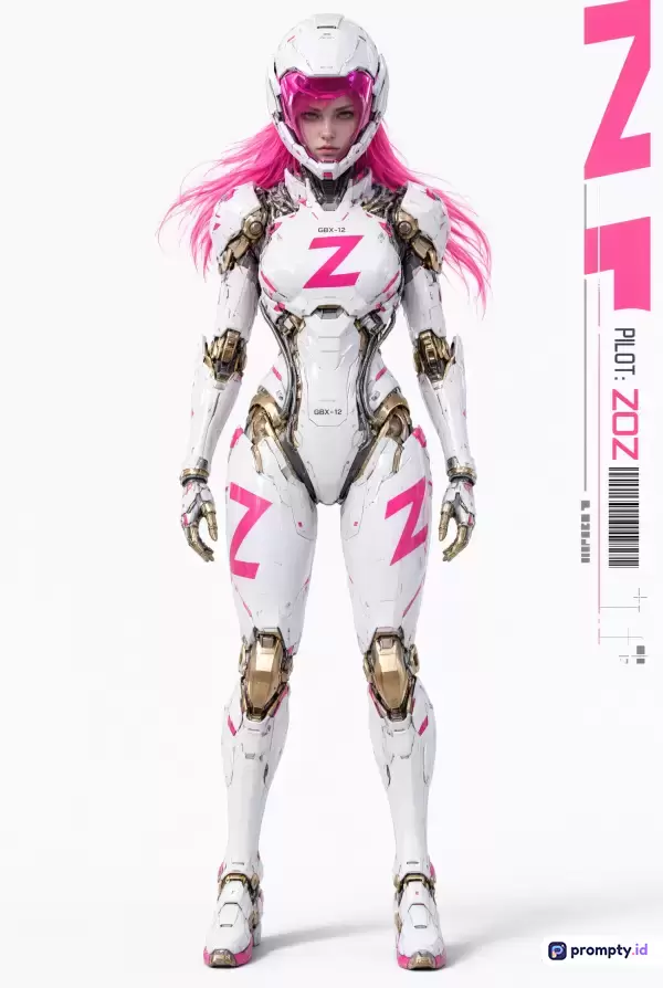 Gambar digital bergenre fiksi ilmiah ini menampilkan karakter perempuan berambut merah muda yang mengenakan armor futuristik putih beraksen emas dengan teks Z, mengusung kata kunci futuristik, pilot, fiksi ilmiah, sci-fi, anime, robot, mecha, dan teknologi, serta didominasi oleh warna putih, merah muda, dan emas.