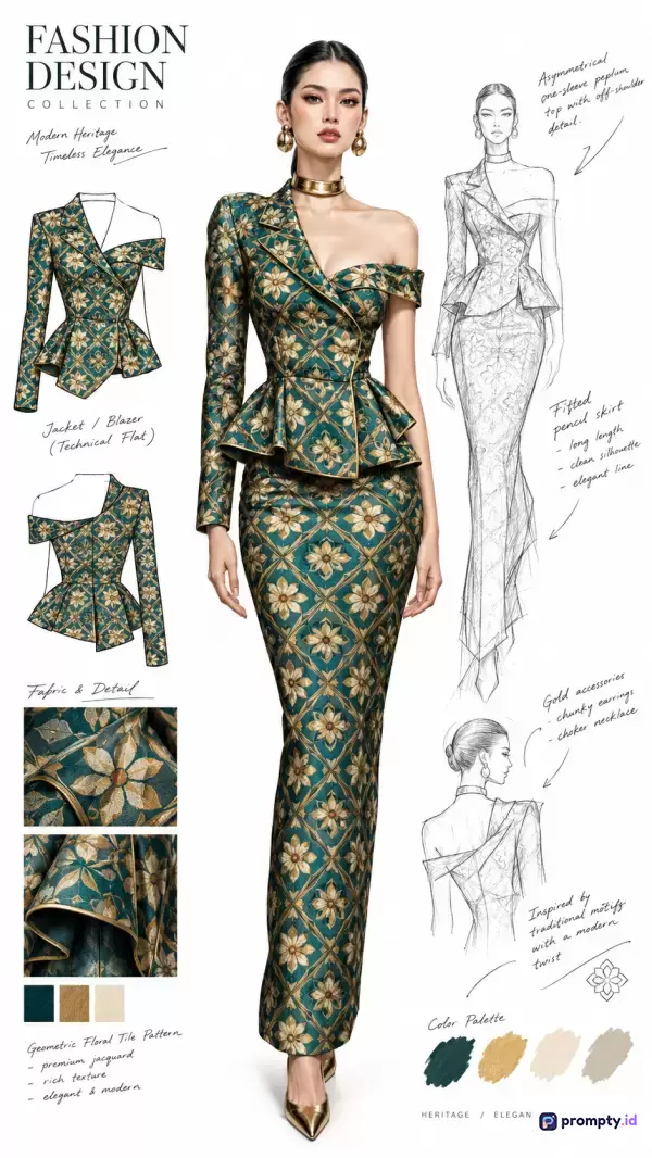 Gambar lembar desain fesyen bergaya ilustrasi digital dan sketsa tangan ini menampilkan konten koleksi busana wanita modern bernuansa etnik dengan kata kunci fesyen, desain, sketsa, batik, elegan, wanita, dan tradisional, serta didominasi oleh warna hijau toska, emas, dan krem.