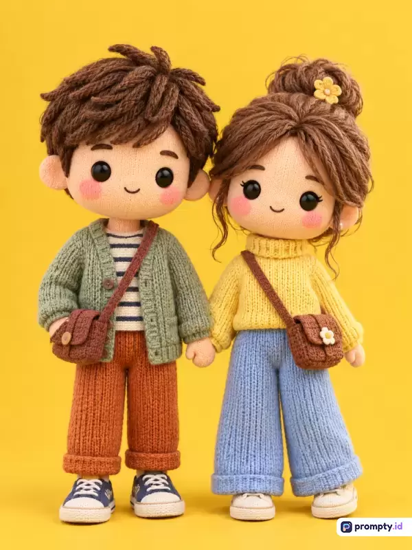 Gambar berformat digital ini menampilkan sepasang boneka rajut amigurumi dengan gaya lucu dan estetika realistis, berisikan konten karakter laki-laki dan perempuan bergandengan tangan, menggunakan kata kunci boneka rajut, amigurumi, pasangan, buatan tangan, dan estetika, didominasi oleh warna kuning cerah, hijau sage, dan cokelat hangat.