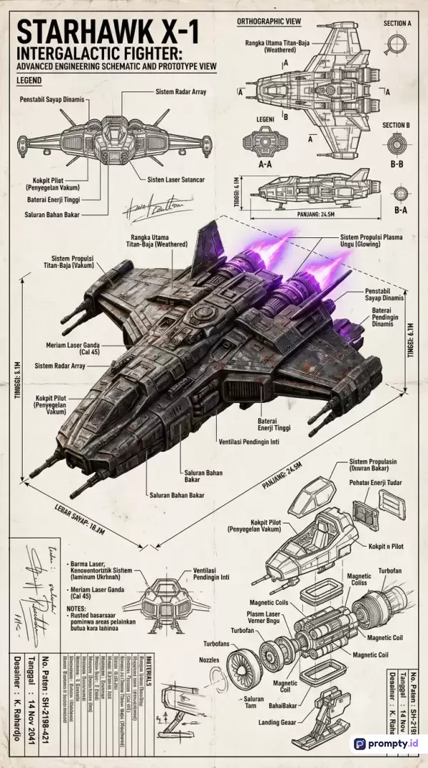 Gambar berukuran vertikal dengan gaya cetak biru atau skema teknik fiksi ilmiah ini menampilkan ilustrasi detail pesawat luar angkasa Starhawk X-1 Intergalactic Fighter berwarna abu-abu metalik dengan aksen ungu menyala pada propulsi, dilengkapi teks label dan diagram ortografik di atas latar kertas krem antik, serta memiliki kata kunci seperti sci-fi blueprint, spaceship schematic, starfighter, dan technical drawing dengan dominasi warna krem, abu-abu metalik, dan ungu.