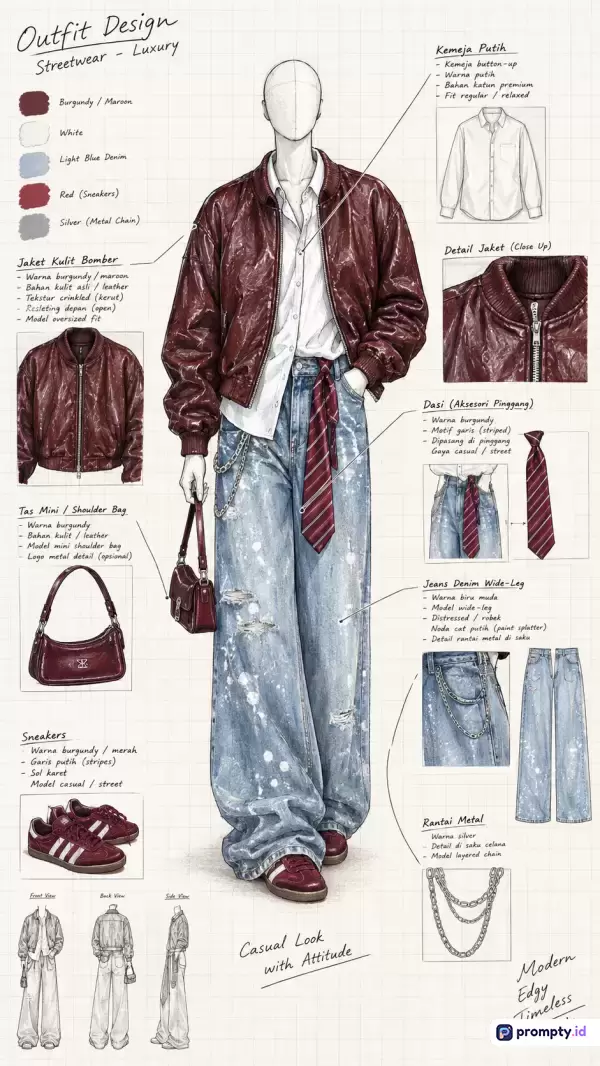 Gambar ilustrasi desain busana streetwear mewah bergaya sketsa tangan dengan palet warna dominan marun, putih, dan biru jeans ini menampilkan konten lembar konsep pakaian kasual edgy yang dilengkapi detail item seperti jaket bomber kulit, kemeja putih, celana jeans wide-leg, tas bahu, sepatu kets, dan aksesori dasi serta rantai logam, dengan kata kunci desain busana, streetwear, pakaian mewah, sketsa busana, dan outfit kasual.
