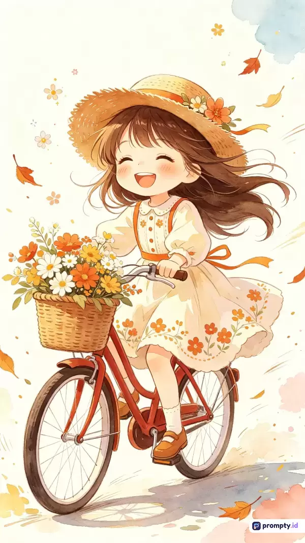 Gambar dengan gaya ilustrasi cat air yang ceria ini menampilkan konten seorang anak perempuan berambut cokelat mengenakan gaun putih berpola bunga dan topi jerami, sedang riang mengendarai sepeda merah dengan keranjang penuh bunga di depannya, dilengkapi dengan kata kunci anak perempuan, sepeda, bunga, cat air, musim gugur, ceria, ilustrasi, keranjang, topi jerami, dan alam, serta didominasi oleh warna jingga, putih, dan cokelat.