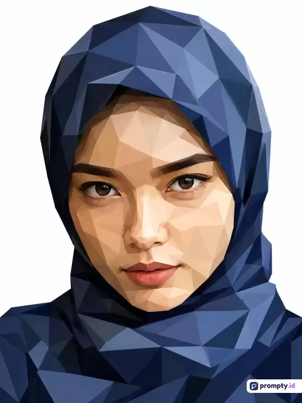 Gambar berformat seni digital dengan gaya low-poly ini menampilkan konten potret seorang wanita berhijab dengan komposisi warna dominan biru tua, krem, dan cokelat, serta menggunakan kata kunci wanita, hijab, seni low-poly, potret digital, dan geometri.