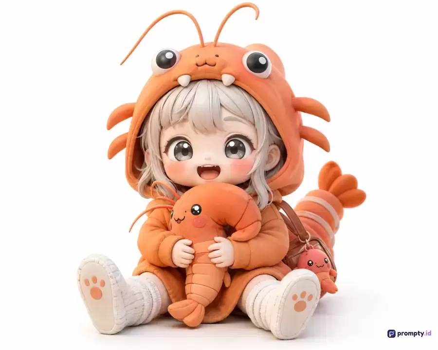 Gambar bergaya figurin 3D chibi beresolusi tinggi ini menampilkan konten karakter anak perempuan berambut abu-abu yang mengenakan kostum hoodie udang oranye cerah sambil memeluk boneka udang, dengan kata kunci boneka mainan, karakter chibi, kostum udang, anak perempuan anime, mainan koleksi, dan estetika imut, didominasi oleh warna oranye terang, putih bersih, dan abu-abu muda, serta kata kunci pencarian figurin 3D, mainan desainer, seni digital lucu, chibi art, dan koleksi pop mart.