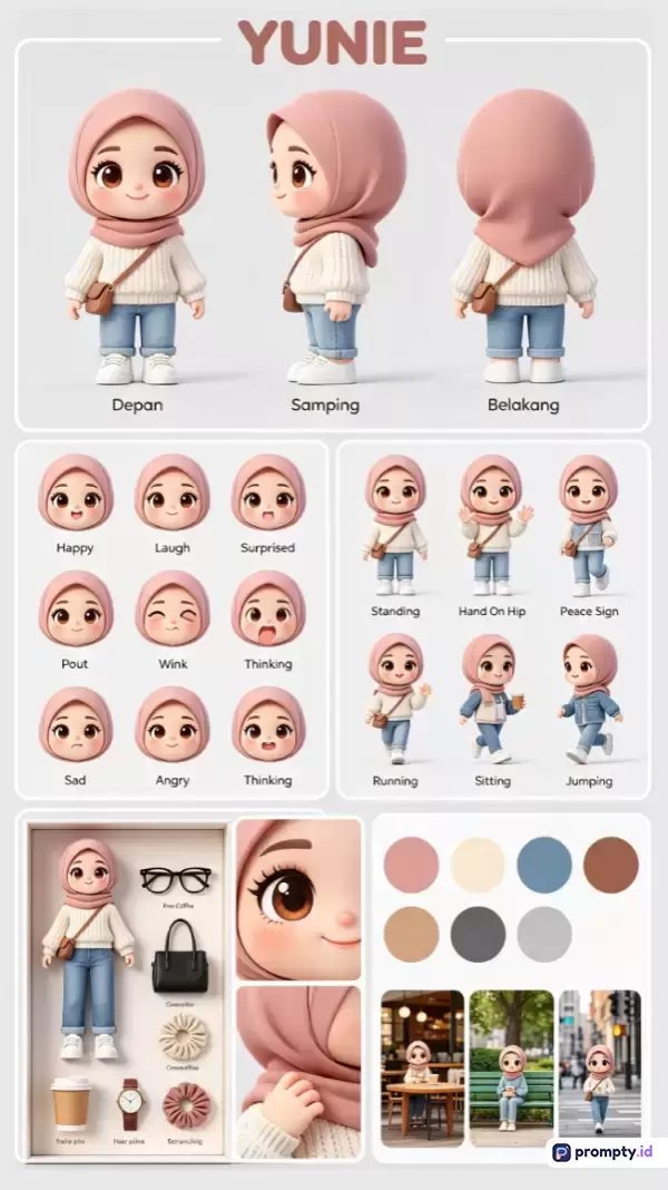 Gambar ini menampilkan lembar karakter (*character sheet*) 3D berkonsep chibi seorang gadis berhijab bernama Yunie yang mengenakan sweater putih, celana jeans biru, dan jilbab merah muda, dengan gaya seni digital modern yang imut serta menampilkan berbagai ekspresi wajah, pose tubuh, dan palet warna dominan merah muda, krem, dan biru denim untuk keperluan desain kreatif.