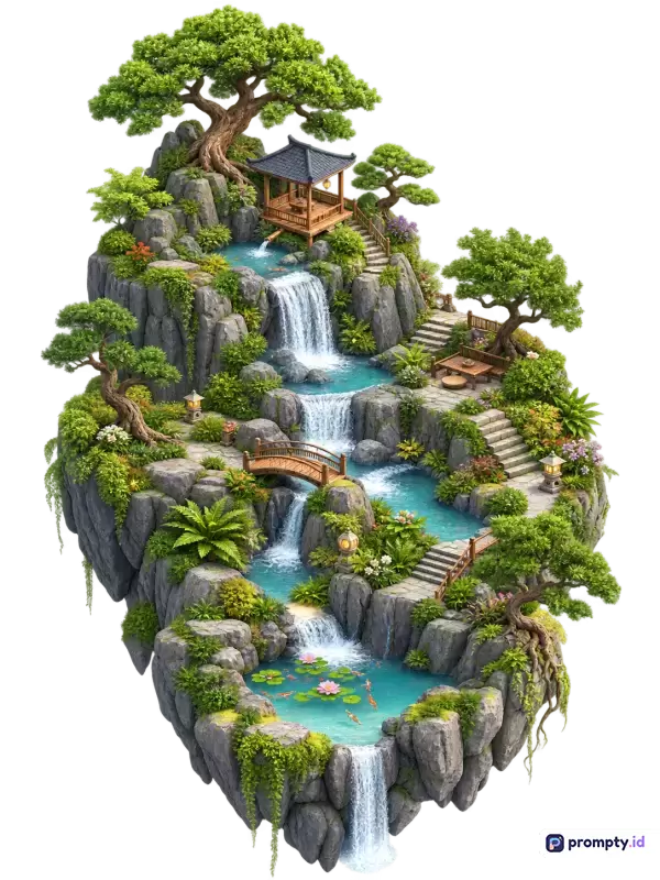 Gambar bergaya seni digital isometrik ini menampilkan pulau terapung fantasi bertema Zen dengan air terjun bertingkat, pohon bonsai, dan pagoda tradisional; dengan kata kunci pulau terapung, air terjun, zen, bonsai, pagoda, fantasi, isometrik; serta didominasi oleh warna hijau, abu-abu, dan biru toska.