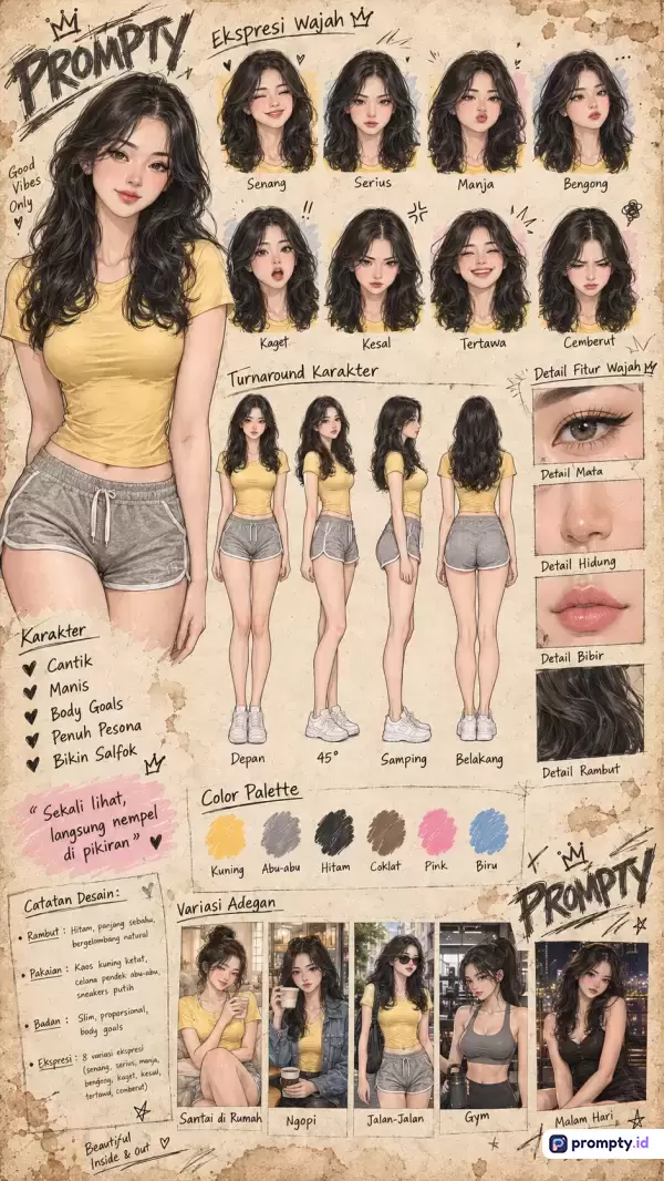 Gambar ini menampilkan lembar referensi karakter atau *character sheet* bergaya ilustrasi digital anime modern dengan konsep lembar desain retro yang menampilkan karakter wanita berambut hitam bergelombang mengenakan kaos kuning dan celana pendek abu-abu, dilengkapi dengan berbagai ekspresi wajah, sudut pandang *turnaround*, detail fitur wajah, palet warna kuning, abu-abu, hitam, coklat, pink, serta variasi adegan harian, dengan dominasi warna kuning, abu-abu, dan hitam.