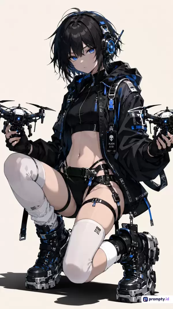 Gambar bergaya anime modern ini menampilkan konten karakter wanita berambut hitam pendek dan bermata biru yang mengenakan pakaian cyberpunk hitam-biru dengan aksesoris taktis, headphone, serta memegang dua drone di kedua tangannya, dengan kata kunci utama: anime, cyberpunk, gadis teknologi, drone, dan futuristik, yang didominasi oleh warna hitam, biru, dan putih.