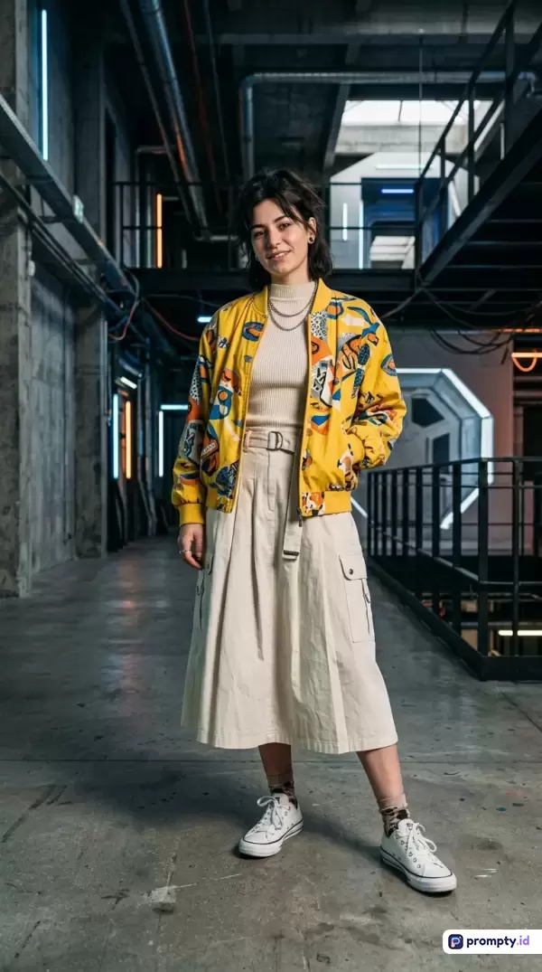 Gambar bergaya potret modern ini menampilkan seorang wanita muda berambut pendek yang mengenakan jaket bomber kuning bermotif, rok krem, dan sepatu kets putih, berdiri di lorong industrial futuristik dengan pencahayaan neon, yang dikategorikan dengan kata kunci fashion jalanan, gaya urban, sci-fi, potret kreatif, dan arsitektur modern, serta didominasi oleh tiga warna utama yaitu kuning cerah, krem netral, dan abu-abu gelap.