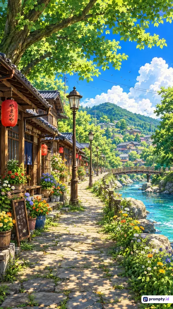 Gambar bergaya ilustrasi anime Makoto Shinkai ini menampilkan pemandangan jalan setapak berbatu di desa tradisional Jepang yang asri, dengan konten berupa rumah kayu, lampion merah, lampu jalan klasik, sungai jernih, jembatan, dan perbukitan hijau di bawah langit cerah berawan, serta menggunakan kata kunci desa Jepang, anime, musim panas, jalan batu, dan sungai, dengan dominasi warna hijau daun, biru langit, dan cokelat kayu.