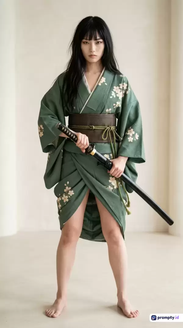 Gambar bergaya fotografi potret realistis ini menampilkan seorang wanita berambut hitam panjang dengan ekspresi tegas mengenakan kimono hijau bermotif bunga sakura serta obi cokelat, sedang berdiri tanpa alas kaki sambil memegang pedang samurai di ruangan minimalis, dengan kata kunci wanita, samurai, kimono, jepang, pedang, dan palet tiga warna dominan yaitu hijau zaitun, cokelat gelap, dan krem terang.