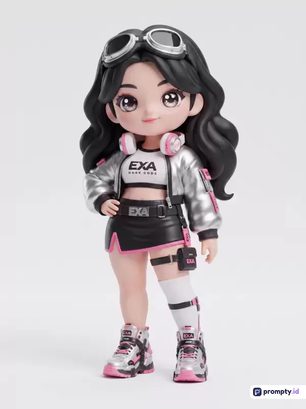 Gambar berstyle figurin 3D chibi ini menampilkan karakter wanita berambut hitam bergelombang dengan kacamata aviator di atas kepala, mengenakan pakaian streetwear futuristik crop top putih bertuliskan EXA berbalut jaket bomber perak, rok mini hitam dengan aksen merah muda, serta sepatu kets chunky, dengan kata kunci: figurin 3D, chibi, wanita, streetwear, futuristik, dan tiga warna dominan yaitu perak, hitam, serta merah muda.