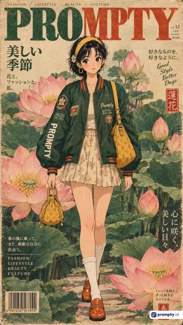 Gambar bergaya majalah vintage tahun 1980-an dengan estetika anime retro ini menampilkan ilustrasi wanita muda berambut hitam pendek yang mengenakan jaket bomber hijau dan rok bermotif bunga di tengah kolam bunga teratai, menggunakan palet warna dominan hijau tua, merah muda, dan kuning kecoklatan, serta kaya akan kata kunci seperti fashion Jepang, ilustrasi klasik, teratai, gaya retro, dan majalah antik.