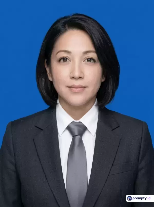 Gambar potret formal bergaya pasfoto profesional ini menampilkan seorang wanita paruh baya berambut pendek hitam dengan setelan jas gelap dan kemeja putih berdasi abu-abu, merepresentasikan konten identitas resmi dengan kata kunci wanita, profesional, pasfoto, formal, dan bisnis, yang didominasi oleh palet warna biru, hitam, dan putih.
